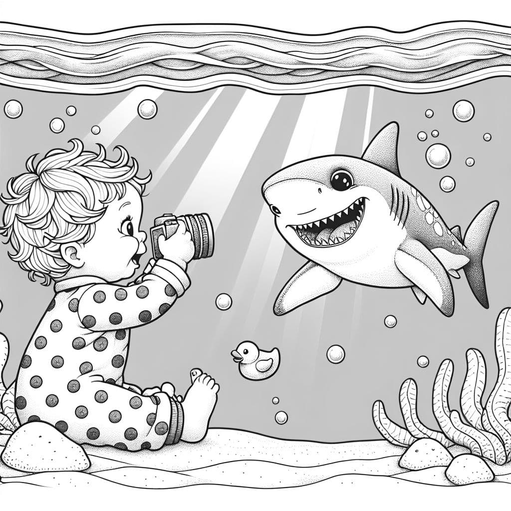 A baby girl in polka dotted pjs taking pictures of a shark in water