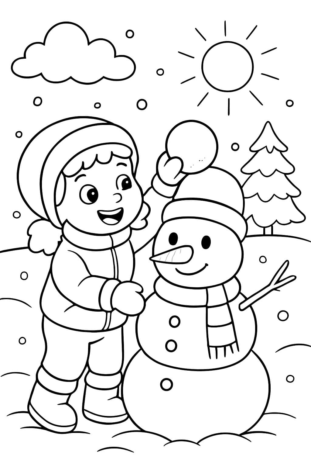 3-jähriges Mädchen in einem Schneesuit baut draußen in Minnesota einen Schneemann.