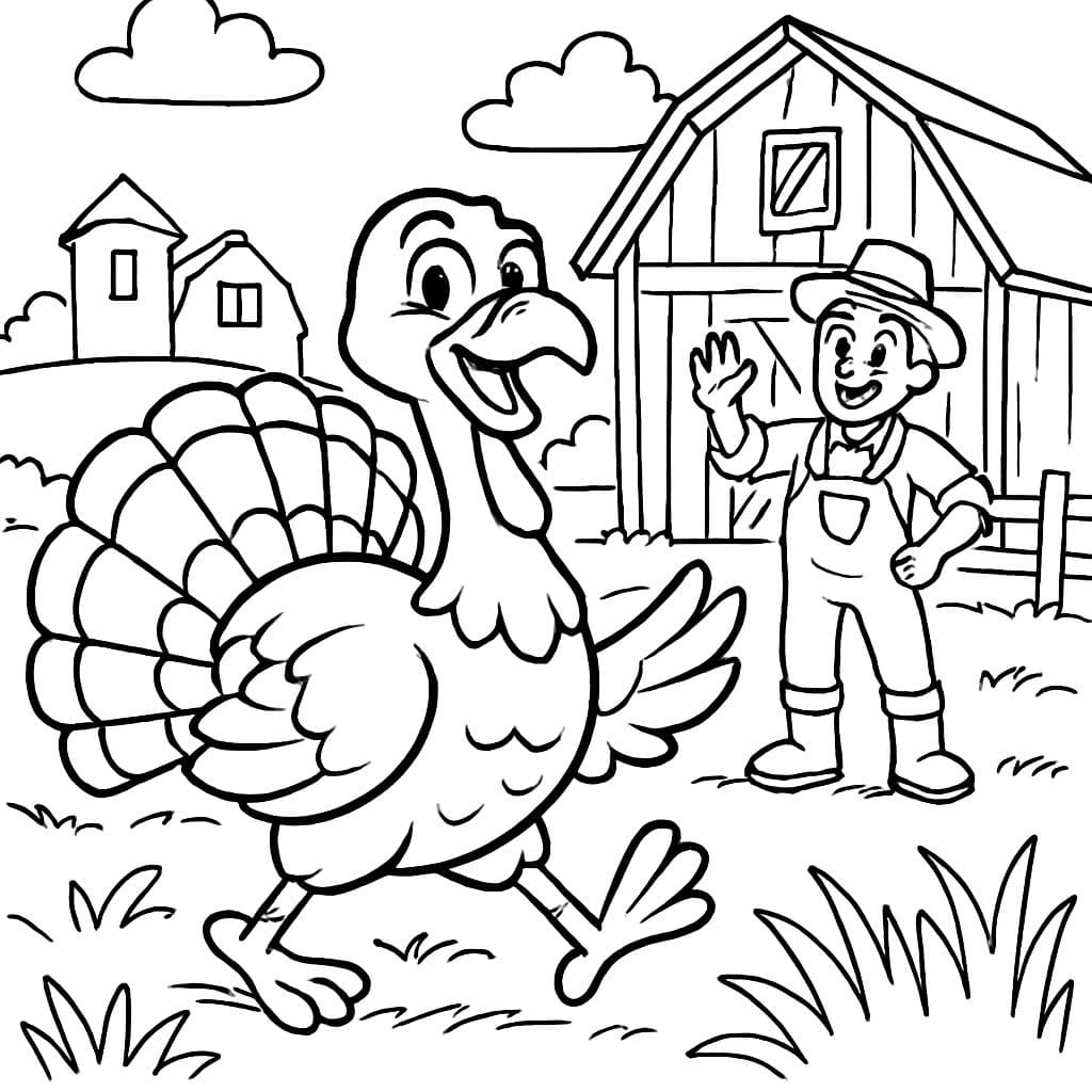 A turkey in a big field and a farm in the background and a farmer right in front of a barn.
