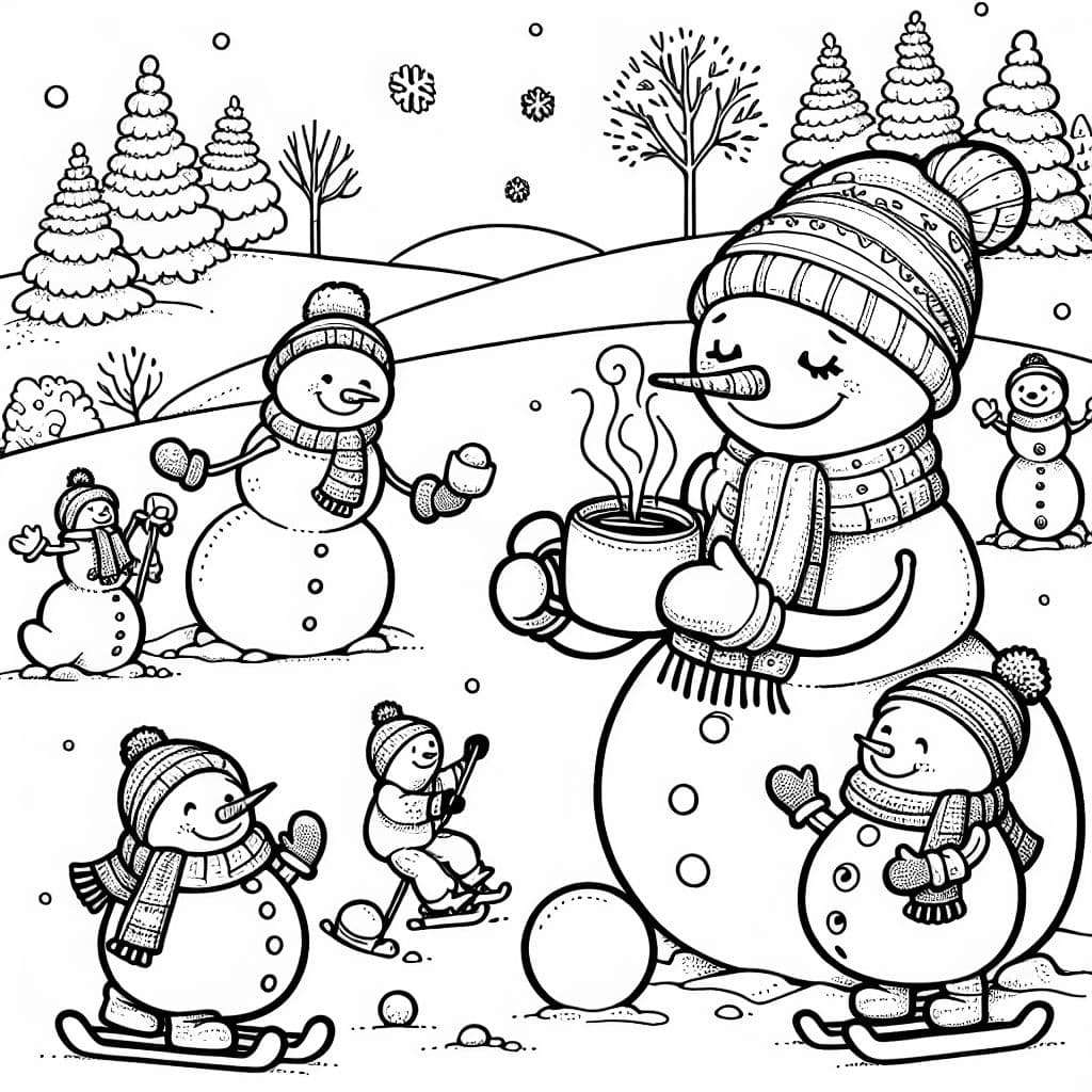 A mom snowman drinking coffee while kid snowmen play