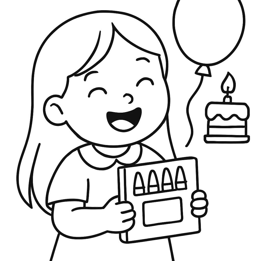 une petite fille avec de longs cheveux qui reçoit des feutres en cadeau d'anniversaire et est très heureuse