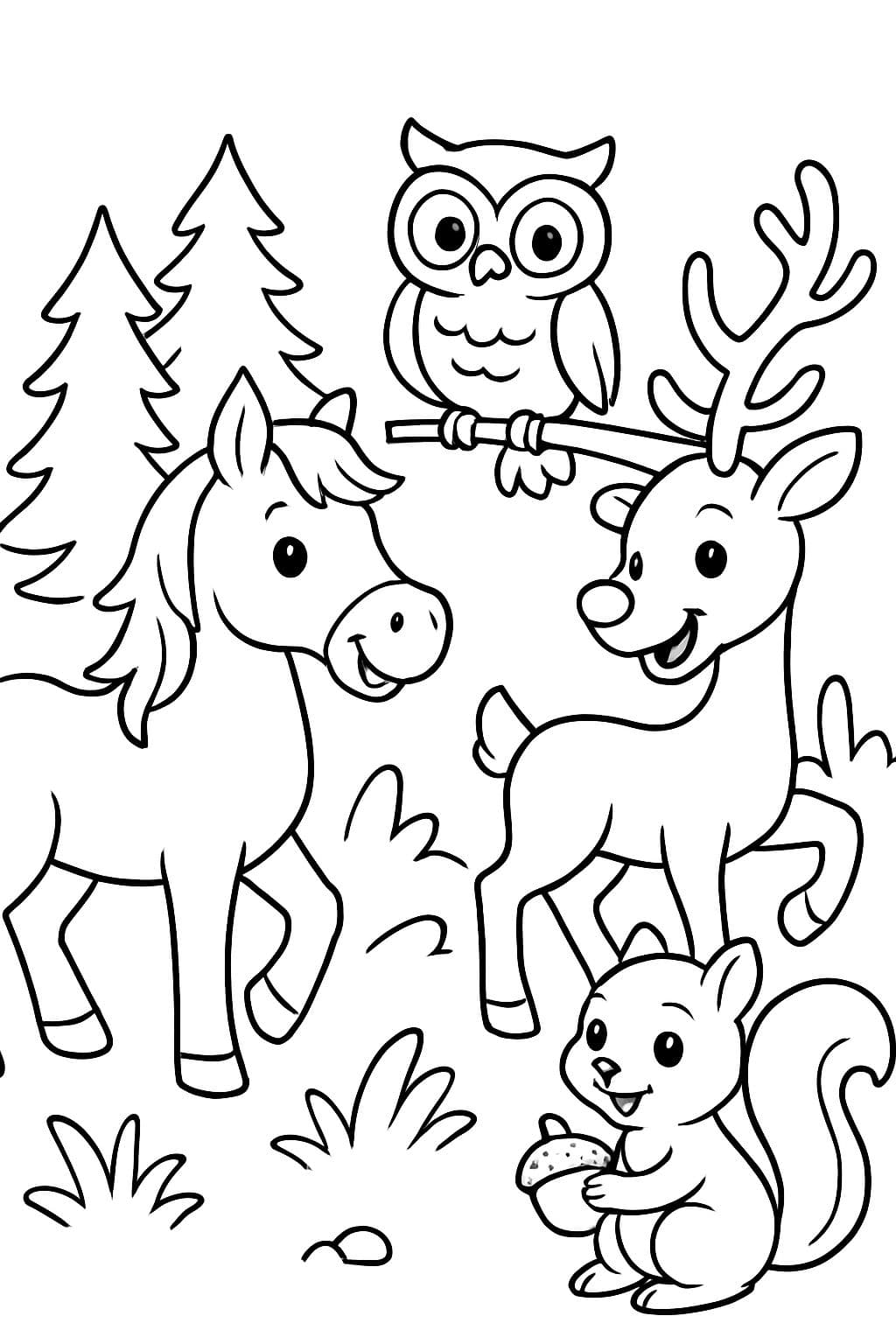 ein Pferd, eine Eule, ein Rentier, ein Eichhörnchen und ein Elch