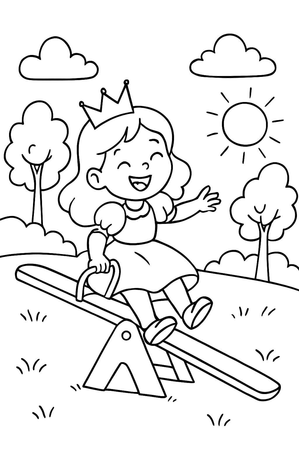 Princesa jugando en el parque en el sube y baja