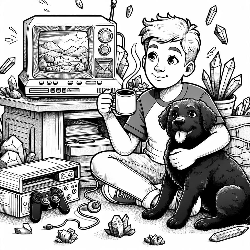 A boy who is a geologist who likes coffee, video games, and has a dog