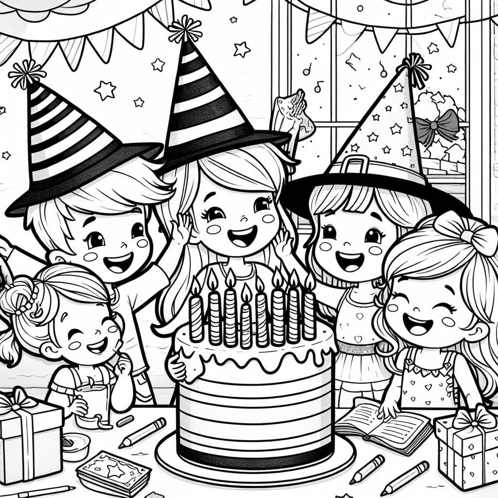 drei geschwister, ein kleiner junge, zwei mädchen, feiern mit einer hexe geburtstag