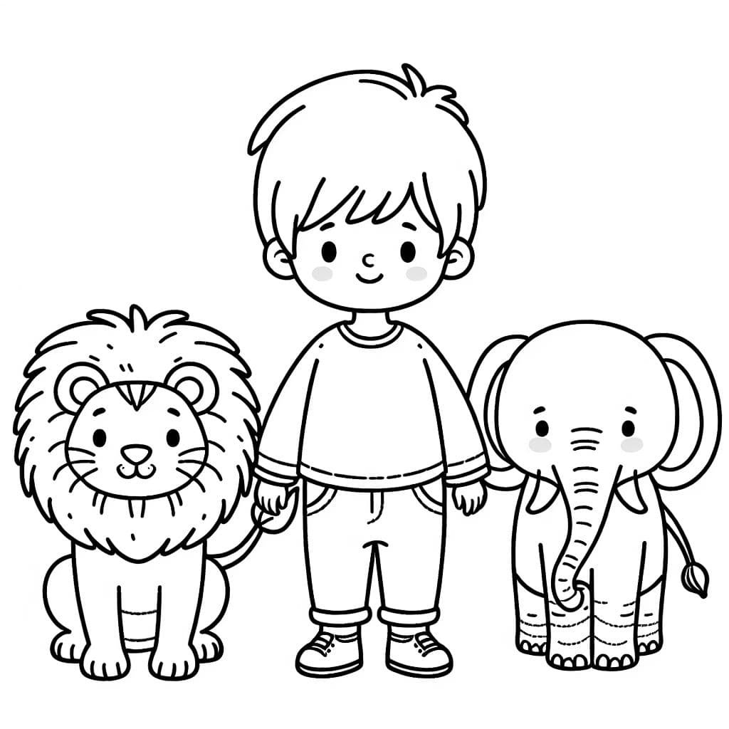 einen Jungen neben einem Löwen und einem Elefant
