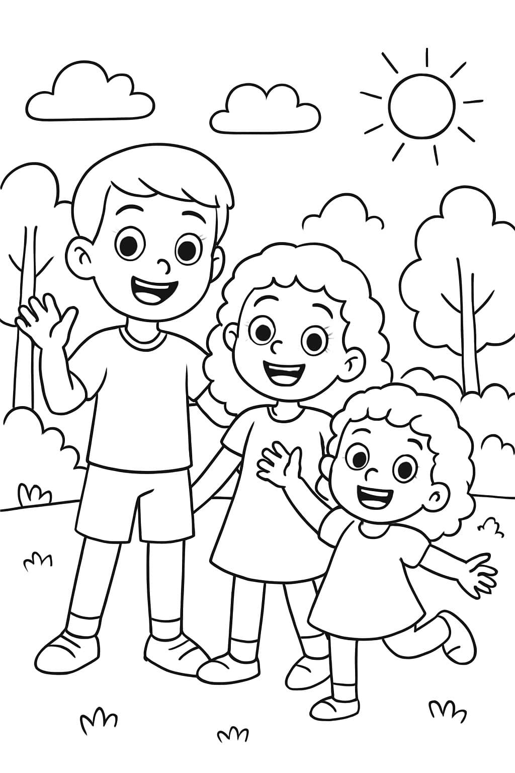 Older brother with short hair and middle sister with curls and little sister with curls.