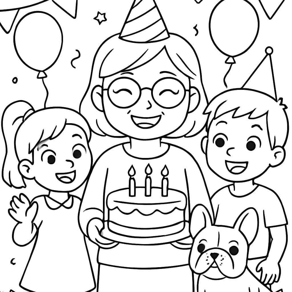una abuela más joven tiene cumpleaños y celebra con su nieta, su nieto y un bulldog francés