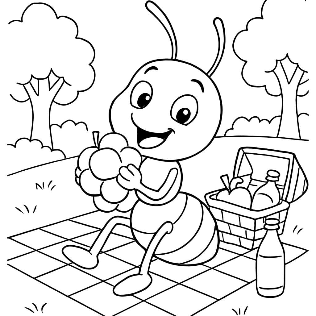 eine Ameise bei einem Picknick, die eine Traube isst