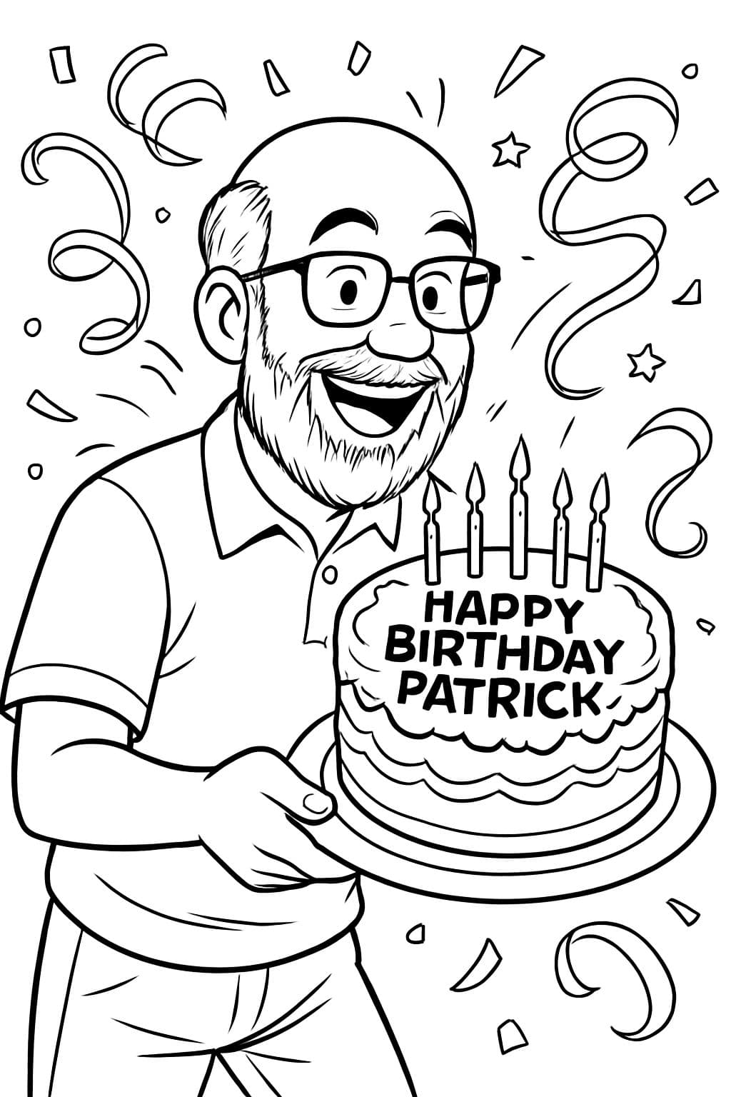 Un homme avec une calvitie, des lunettes et une barbe tenant un gâteau avec l'inscription 'Joyeux anniversaire Patrick'.