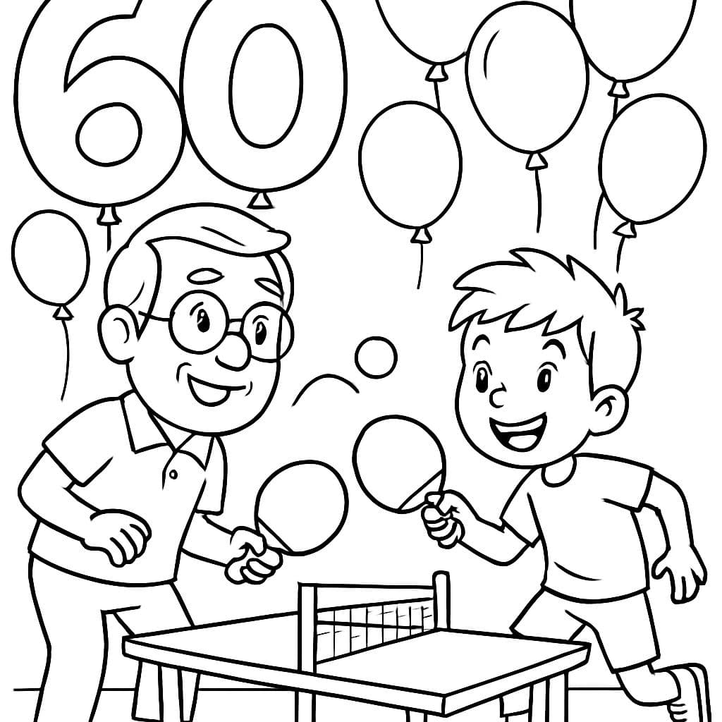 Young-looking grandfather (with glasses) plays table tennis with his 10-year-old grandson. In the background, the number 60 is represented as a balloon along with many other balloons.