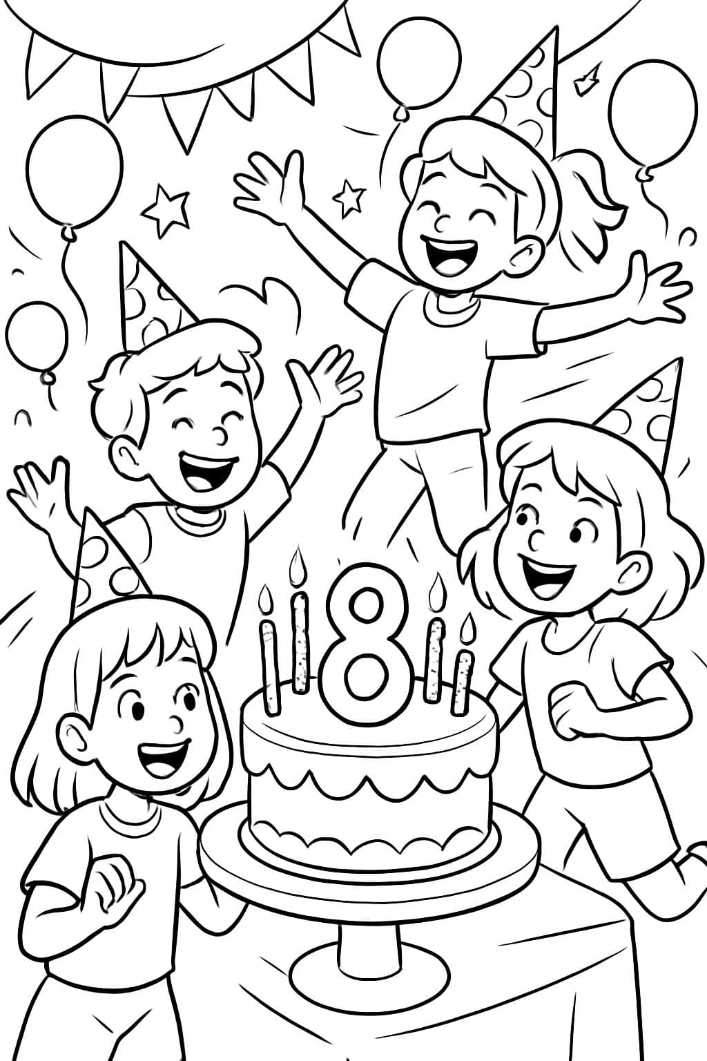 Einen Kindergeburtstag bei dem es eine Torte gibt auf der eine große 8 steht