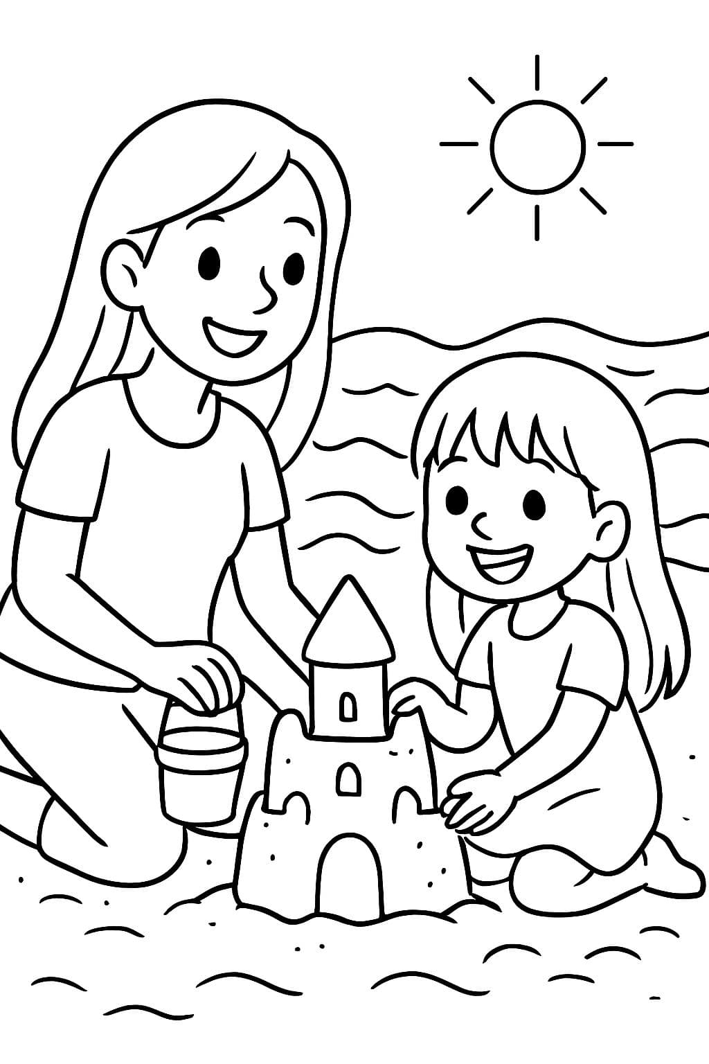 Mom and five year old daughter at the beach, long straight hair. Building a sand castle together, sun and waves in the background.