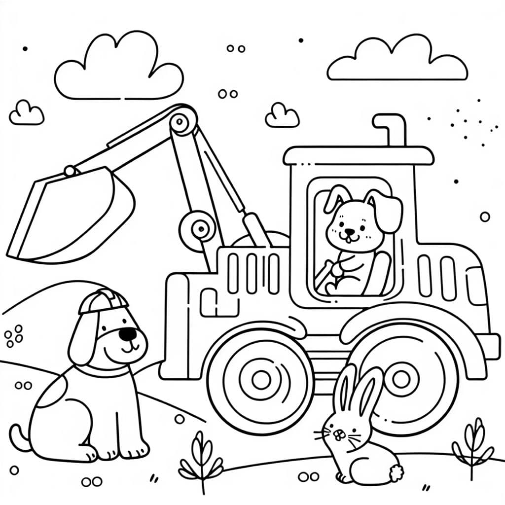 Una excavadora con un perro y un conejo dentro