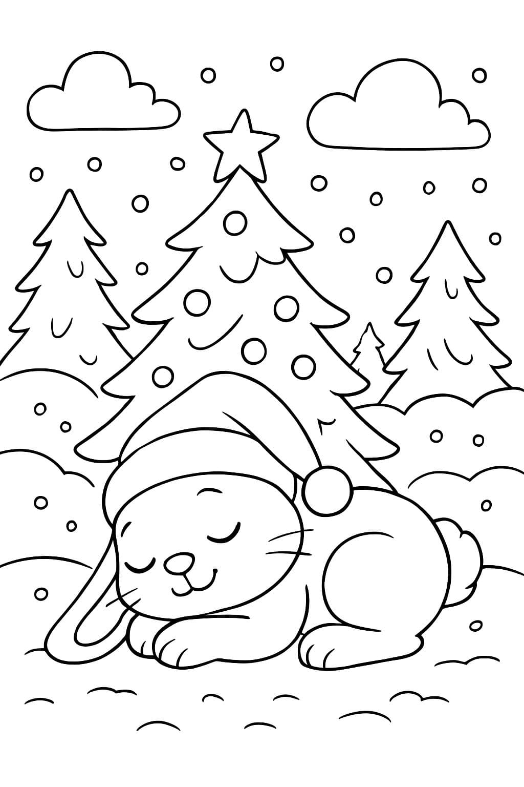 A cute santa bunny sleeping under a christmas tree in the snowy forest, and he is wearing a santa hat.
