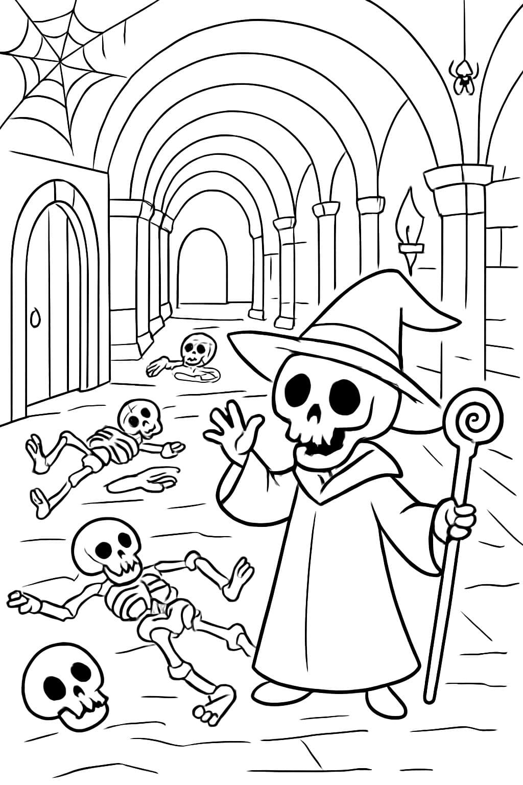 un long couloir dans un château avec des squelettes morts étendus partout. Dans le couloir se tient un sorcier avec une tête de squelette