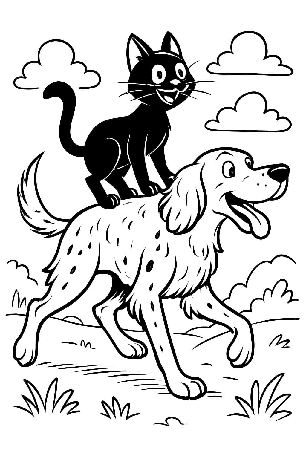 Eine schwarze Katze, die auf einem English Pointer Hund steht.