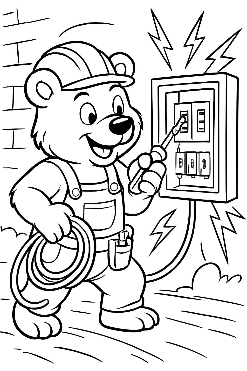 un ours en tant qu'électricien connectant un tableau électrique