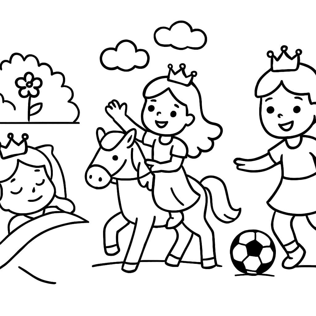 3 princesas. Uma está dormindo, a outra monta um cavalo e a última joga futebol.