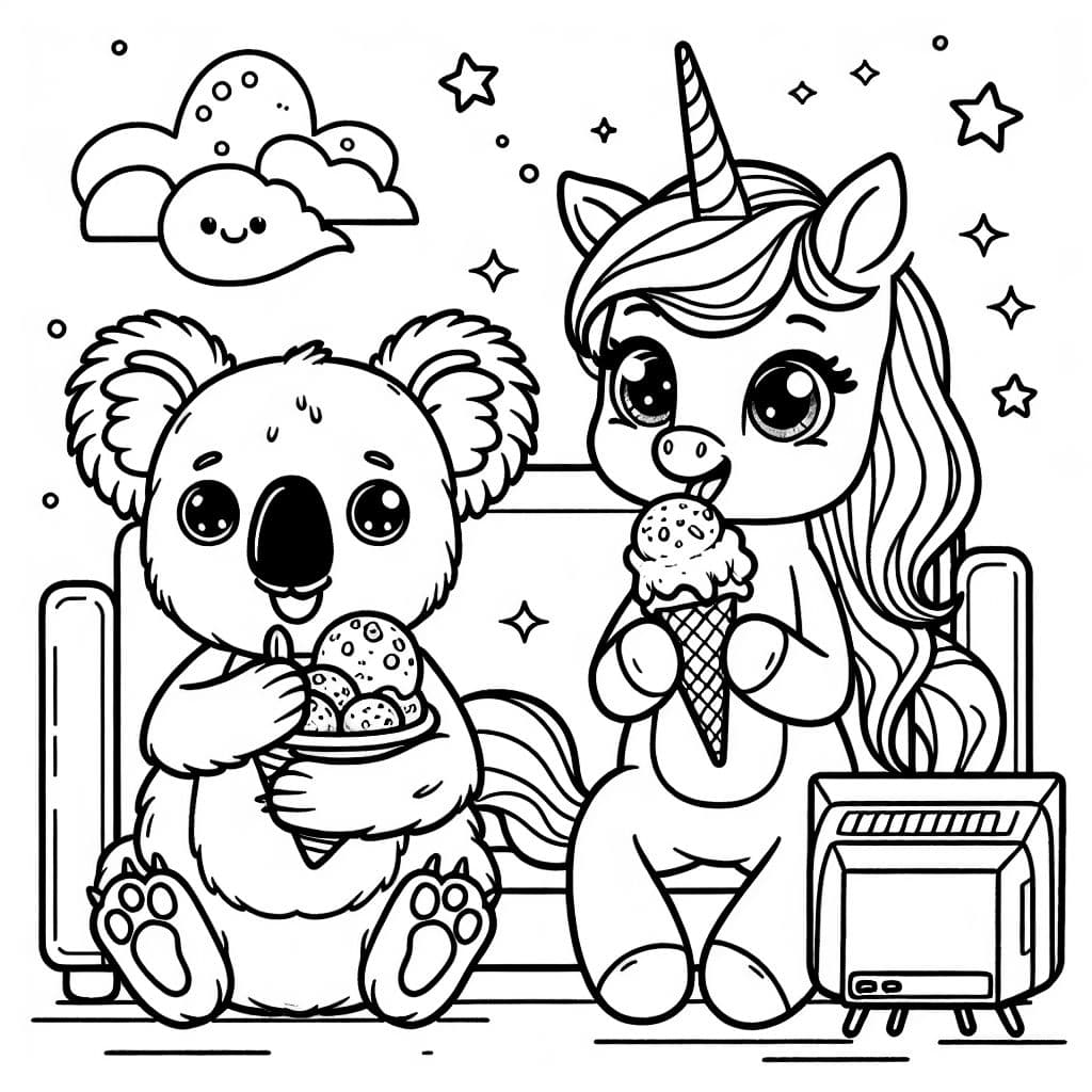 A koala and a unicorn sitting in front of a tv watching a show together while eating ice cream cones.
