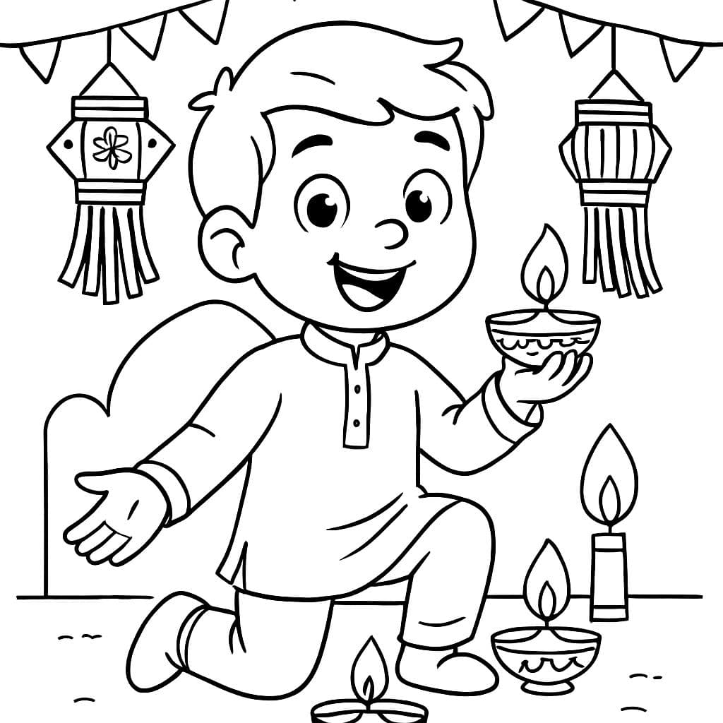 Una imagen para la fiesta de las luces Diwali. con un niño, velas, sin fuegos artificiales