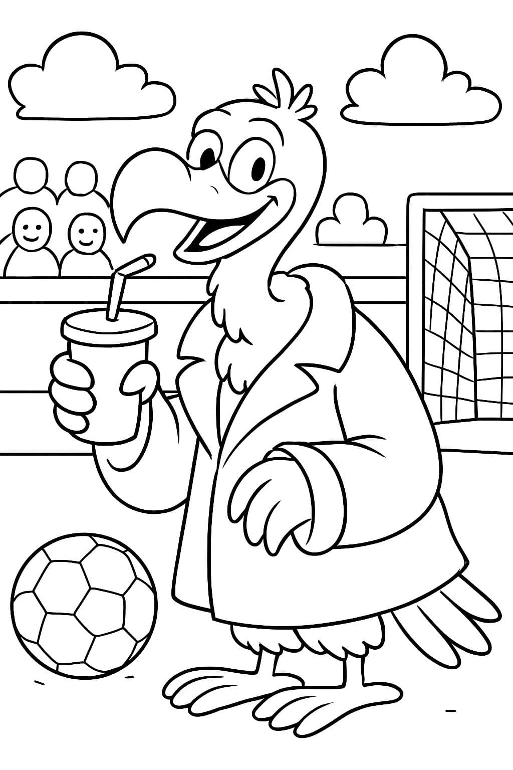 un buitre con un gran abrigo bebiendo refresco en un partido de fútbol