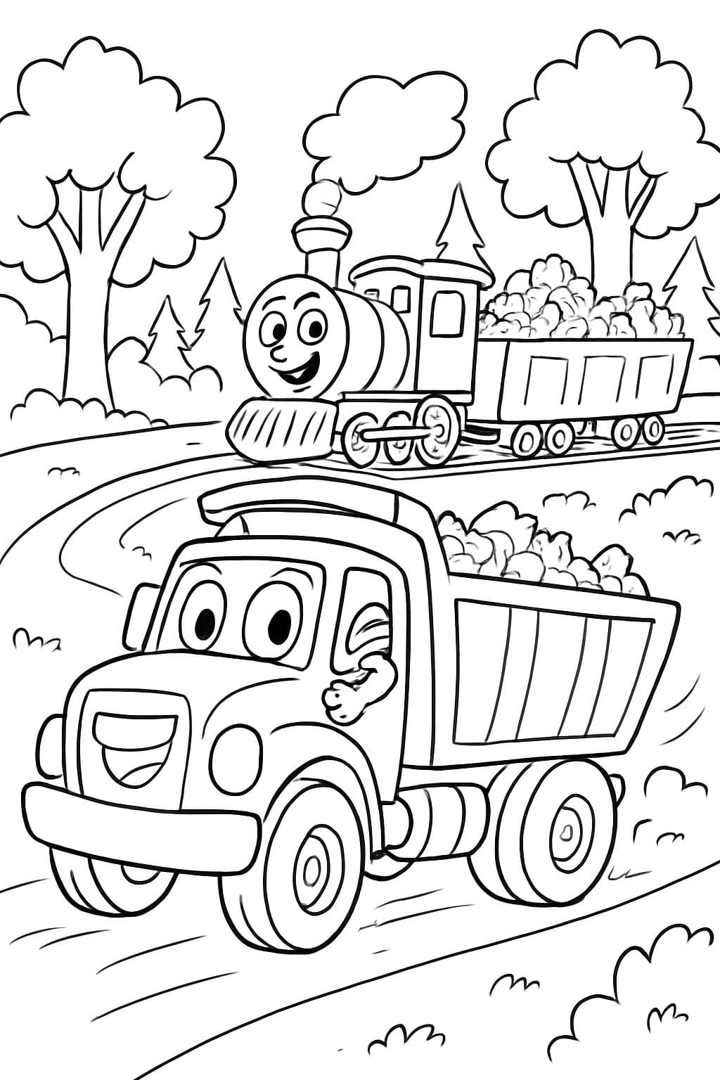 Um caminhão dirigindo por entre árvores e um trem cheio de lixo nos trilhos.