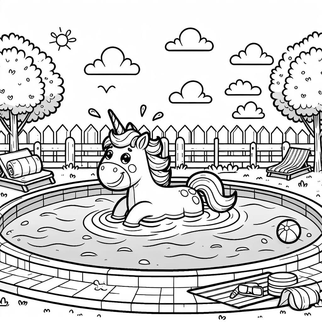 Ein Einhorn das in einem großen Freibad schwimmt