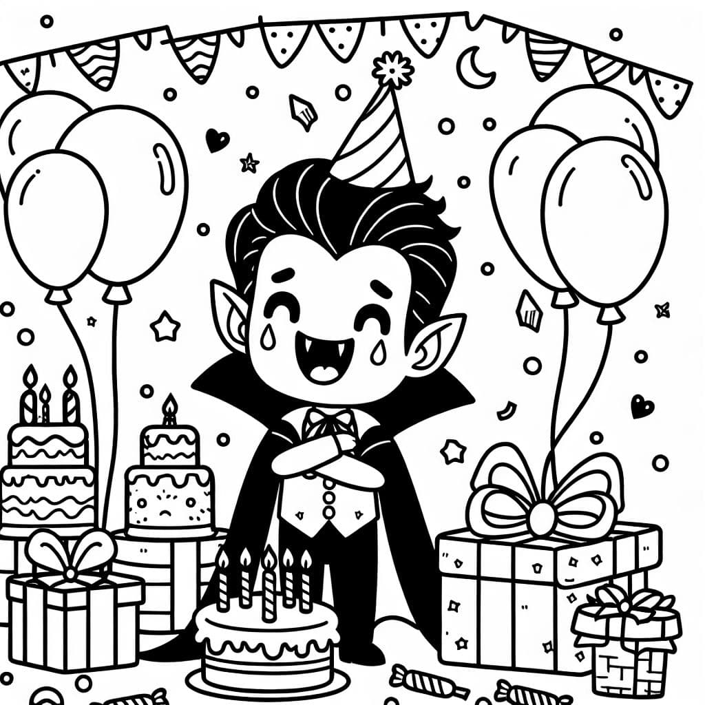 A cheerful vampire celebrating his birthday with cake and balloons and gifts