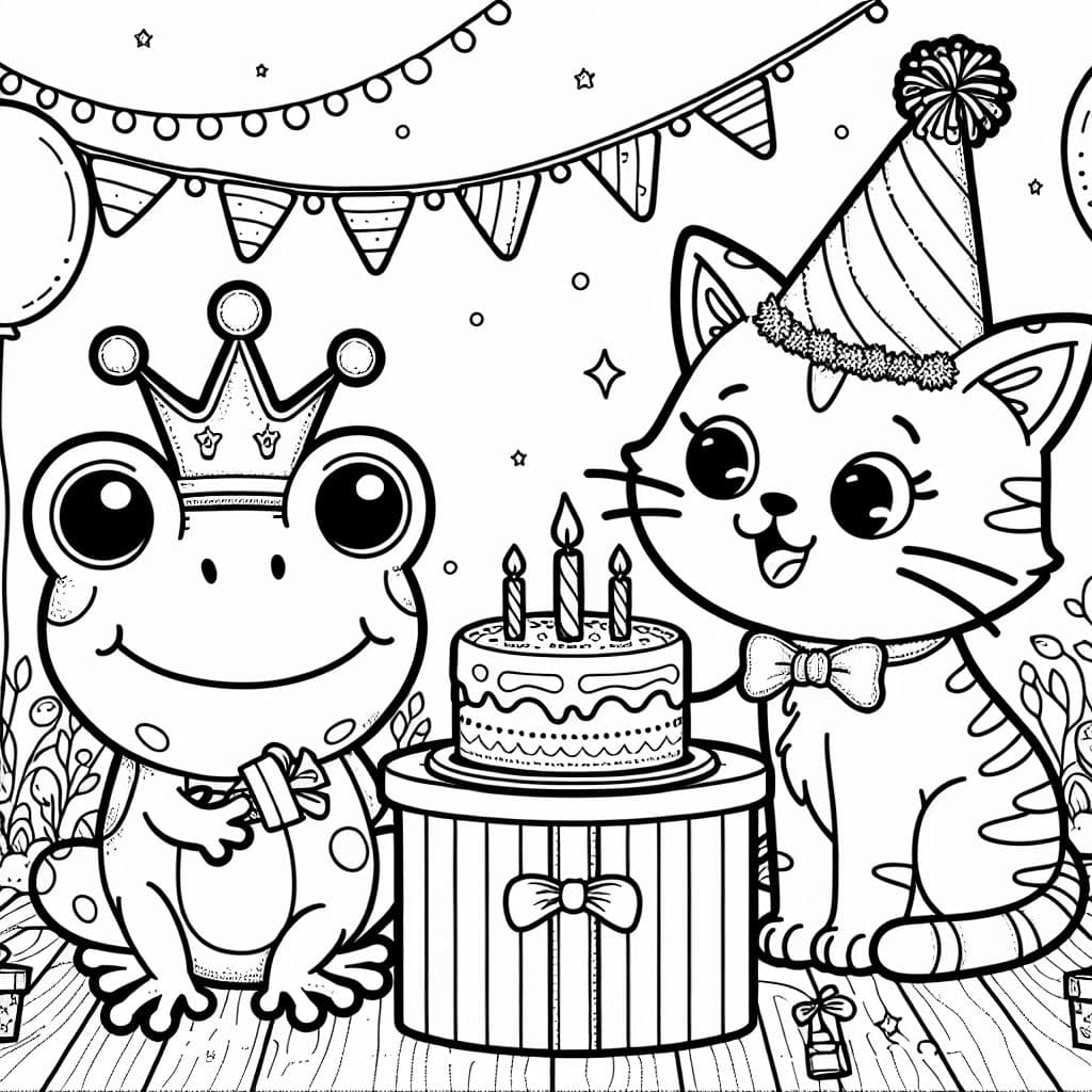 Une grenouille avec une couronne et un chat avec une couronne célèbrent un anniversaire