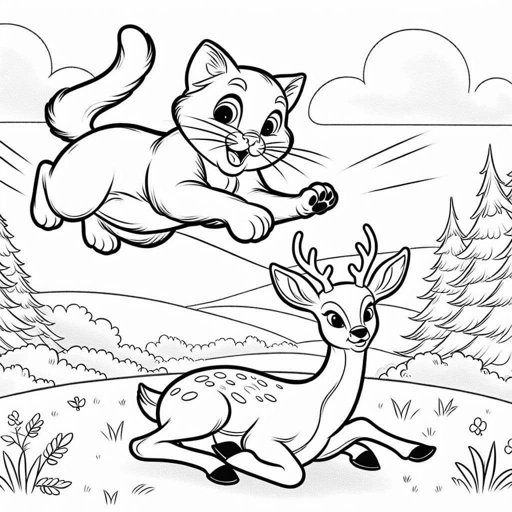 Eine Katze springt auf einen Hirsch und hat Krallen.