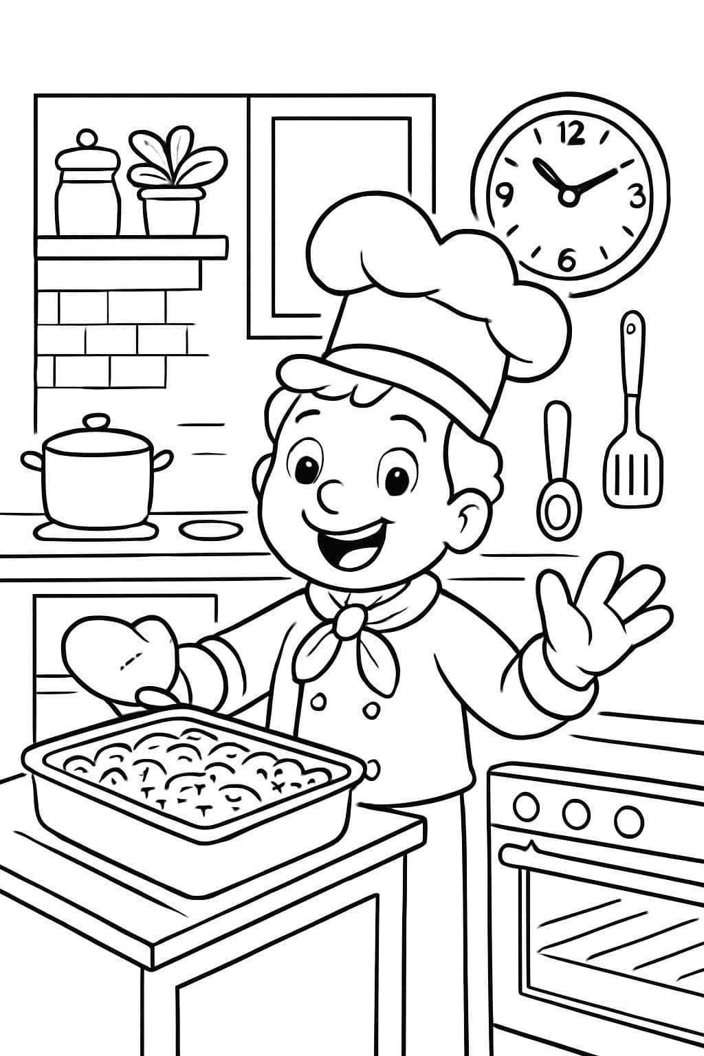 Une cuisine où un gratin de pâtes est préparé par un chef