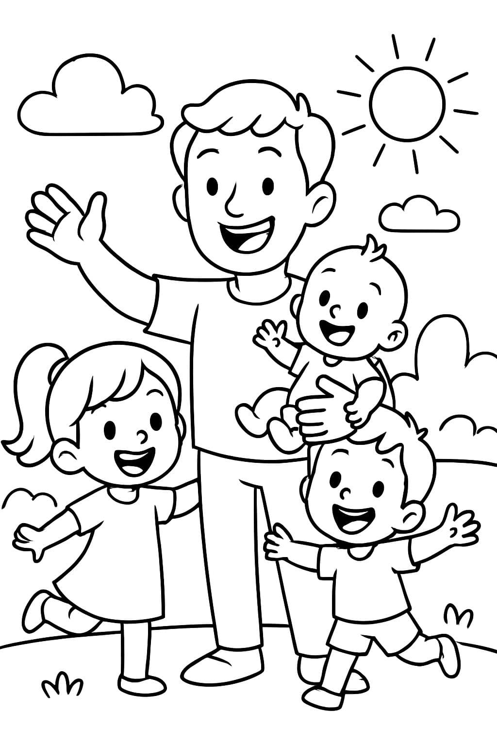 Ein Papa mit seinen drei Kindern, einem Mädchen, einem Jungen und einem Babyjungen.