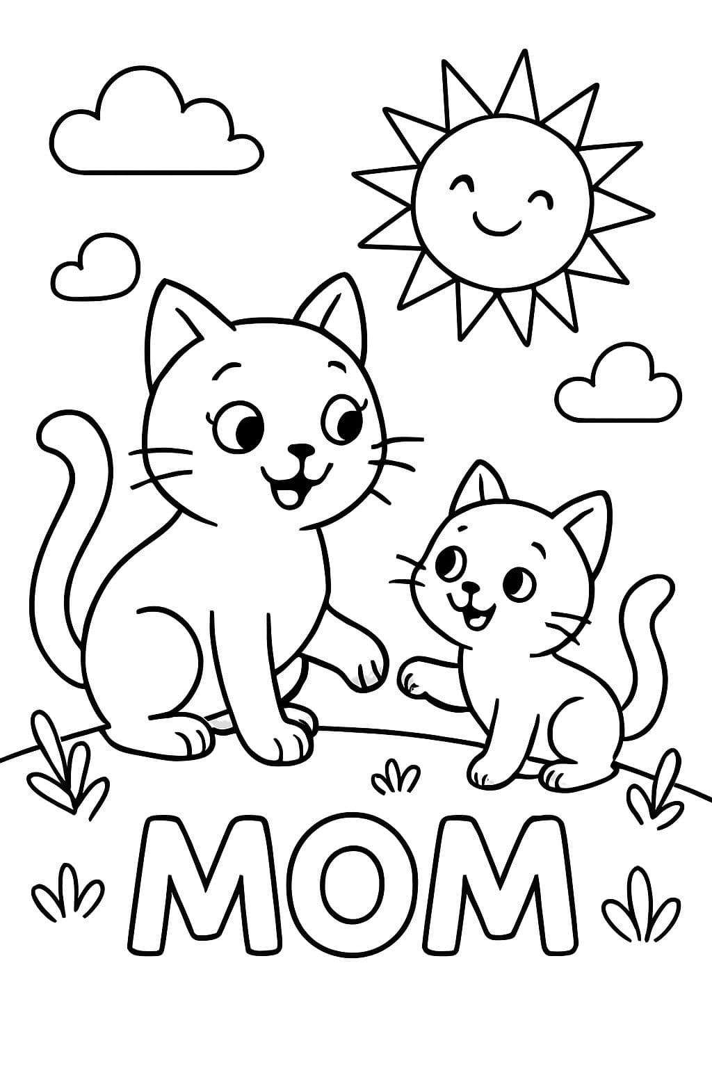 Mama Katze und Baby Katze in der Sonne mit MOM unten geschrieben.