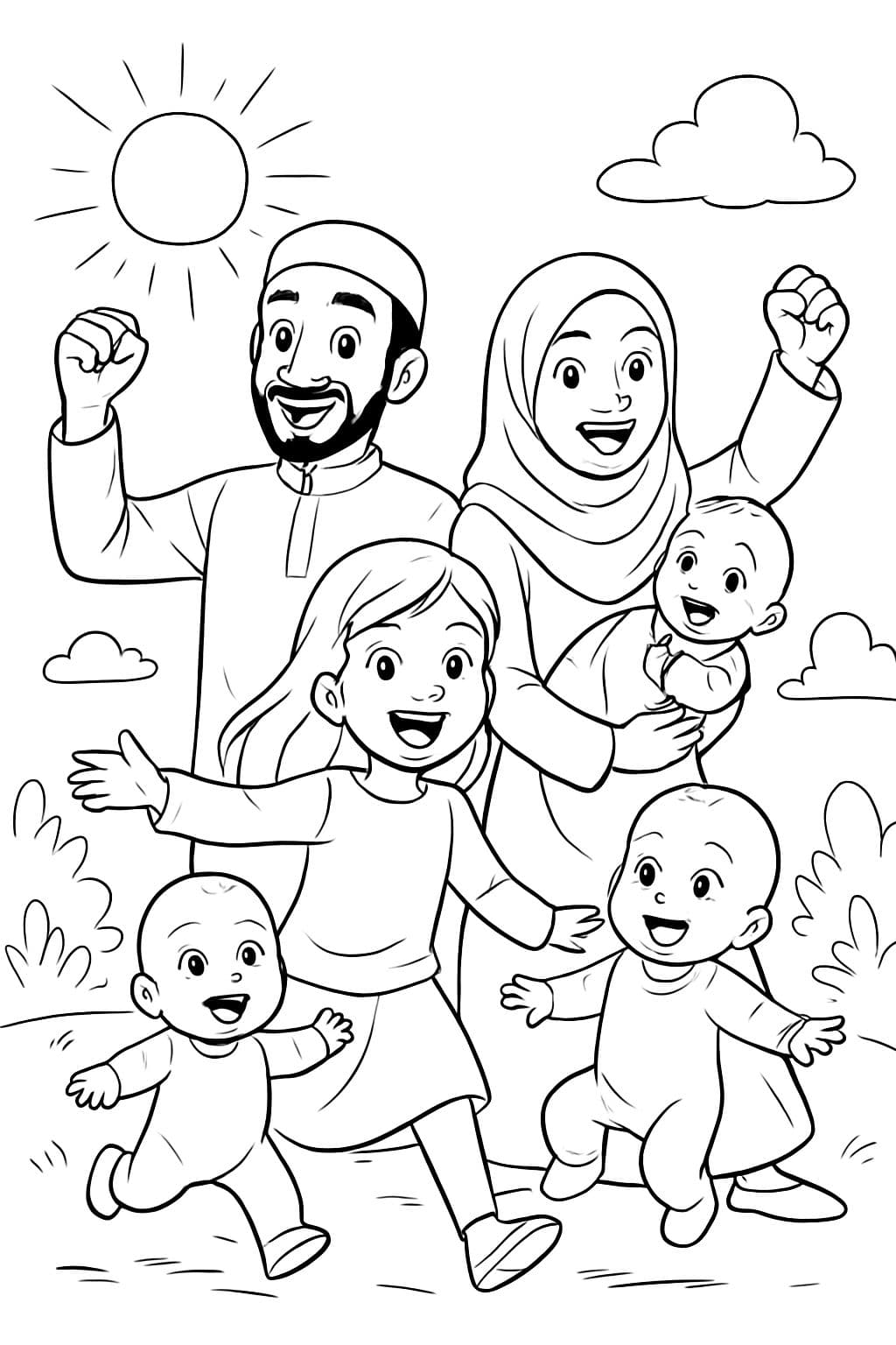Muslim family of five including parents, elder daughter, and infant twin boys.