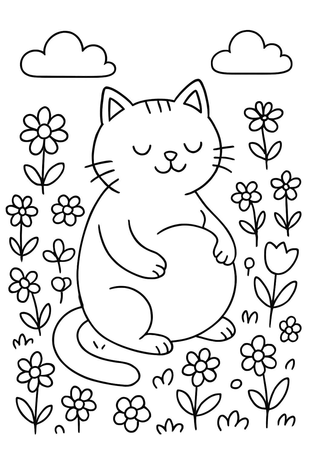 une chatte enceinte sur une pelouse colorée avec beaucoup de fleurs