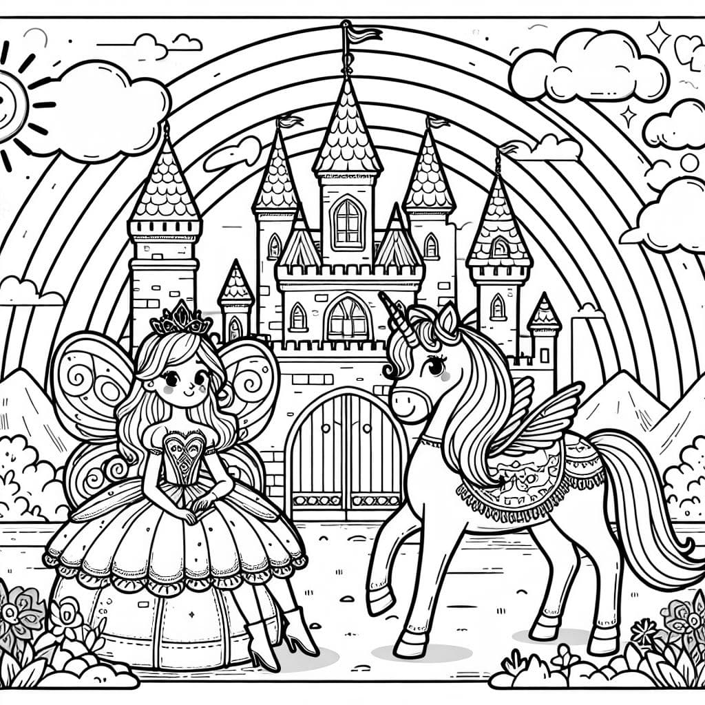 princesse fée dans un château avec un arc-en-ciel et une licorne