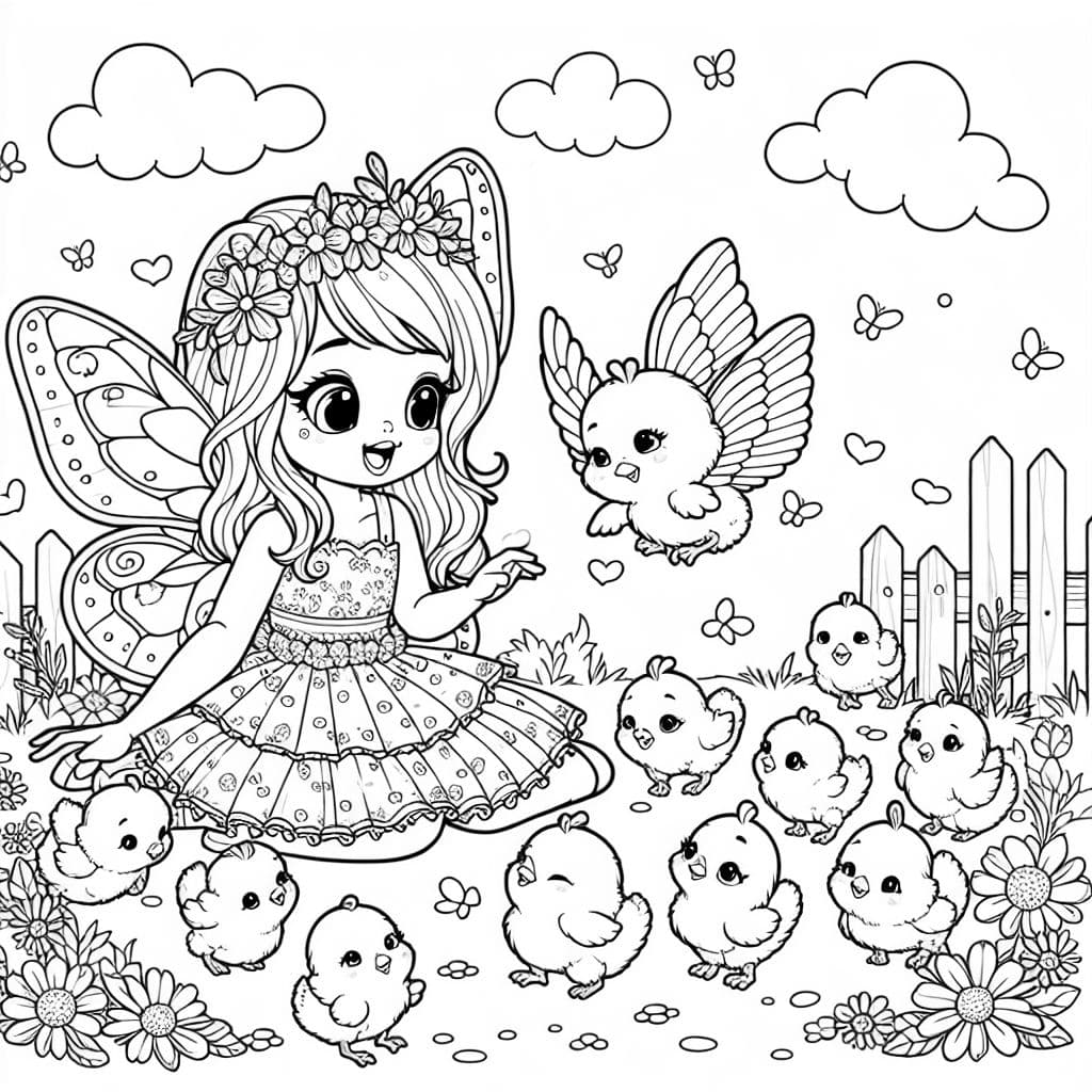 Une jeune fille en costume de papillon, entourée de poussins