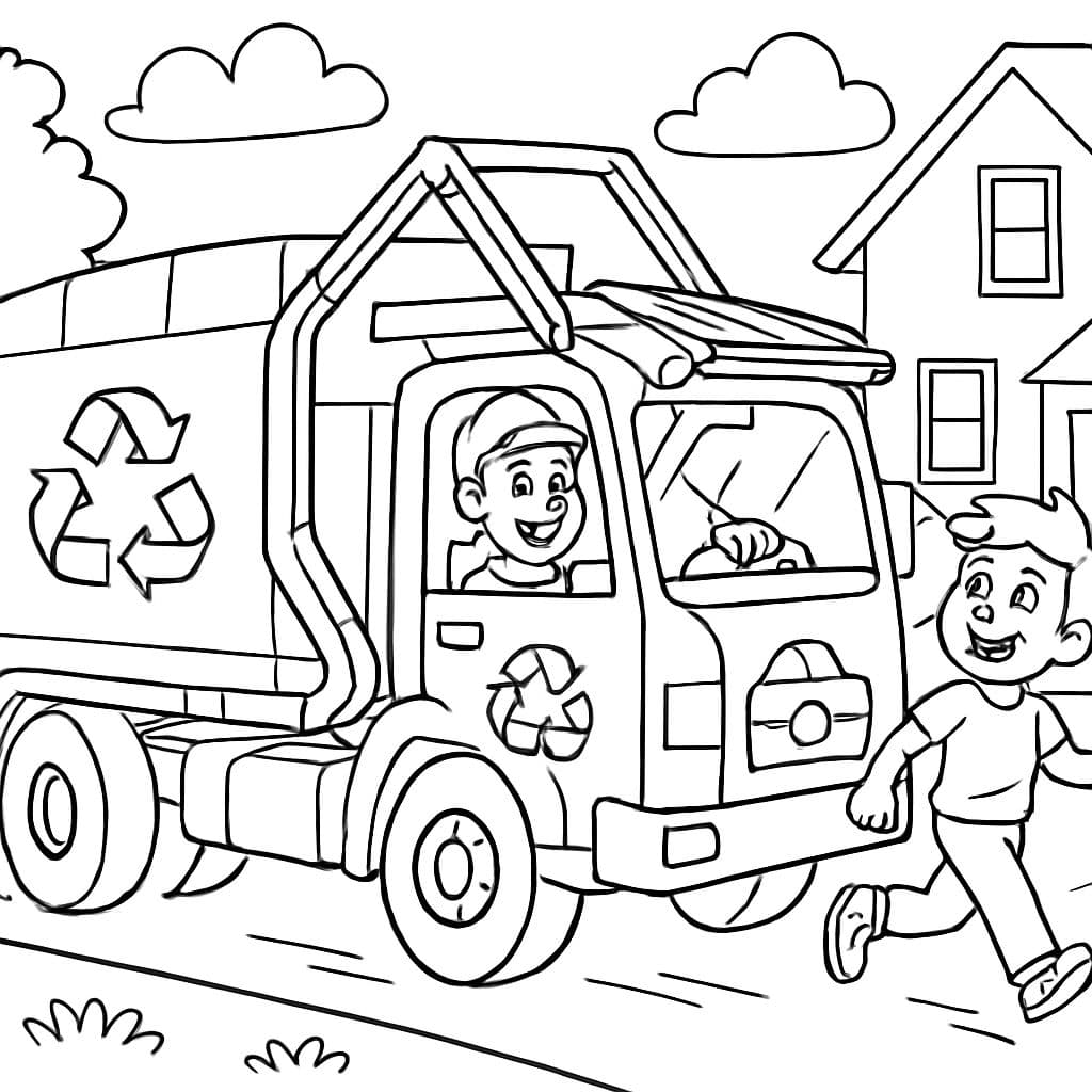 Recycling truck with dumpster on the front of the truck driving through a neighborhood and a person walking in their driveway nearby.