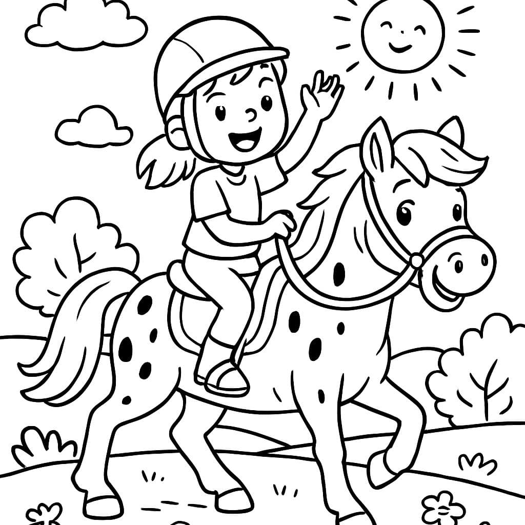 Une fille de 8 ans chevauchant un cheval blanc avec de petites taches noires.