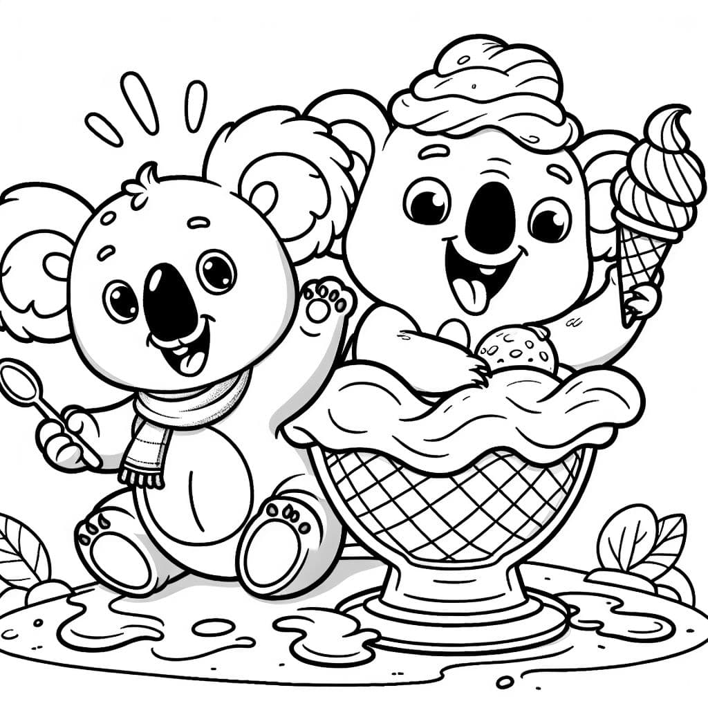 Un ours et un koala mangeant de la glace sur un énorme sundae.