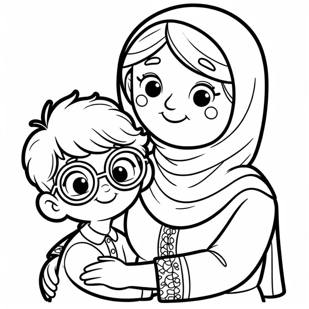 Ein Junge namens Noah umarmt seine Tante, die eine Brille und einen Pixie-Haarschnitt hat.