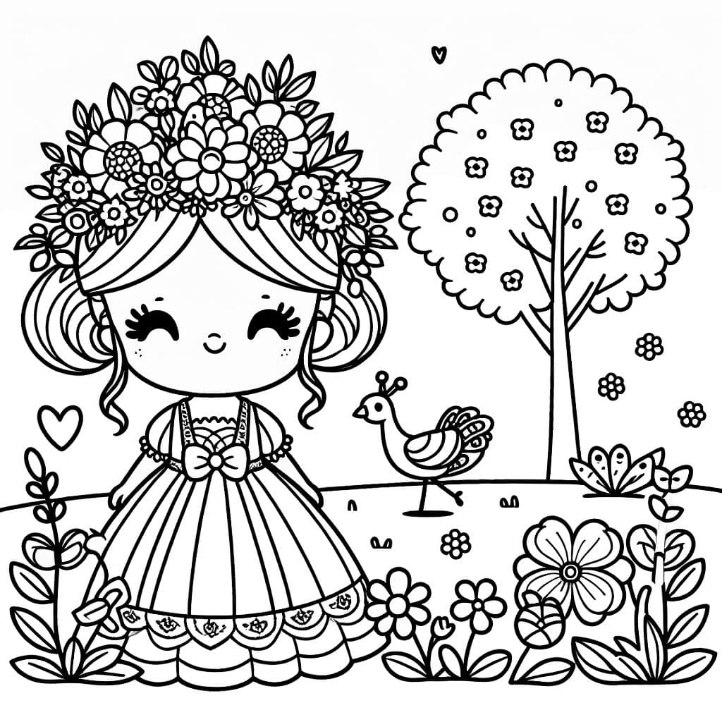 une princesse avec des fleurs dans les cheveux et une robe avec un nœud dans un jardin avec beaucoup de fleurs et un paon