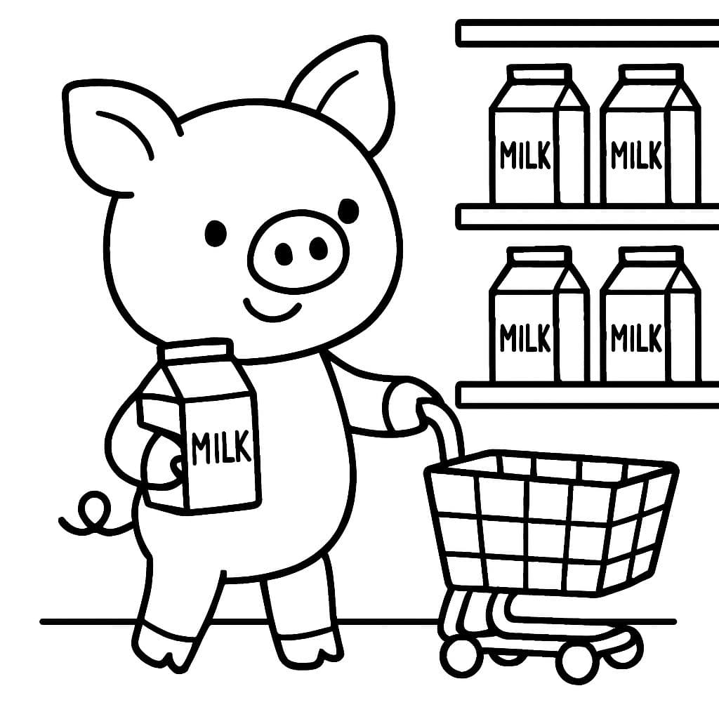 Un cerdo en la tienda de comestibles comprando leche.