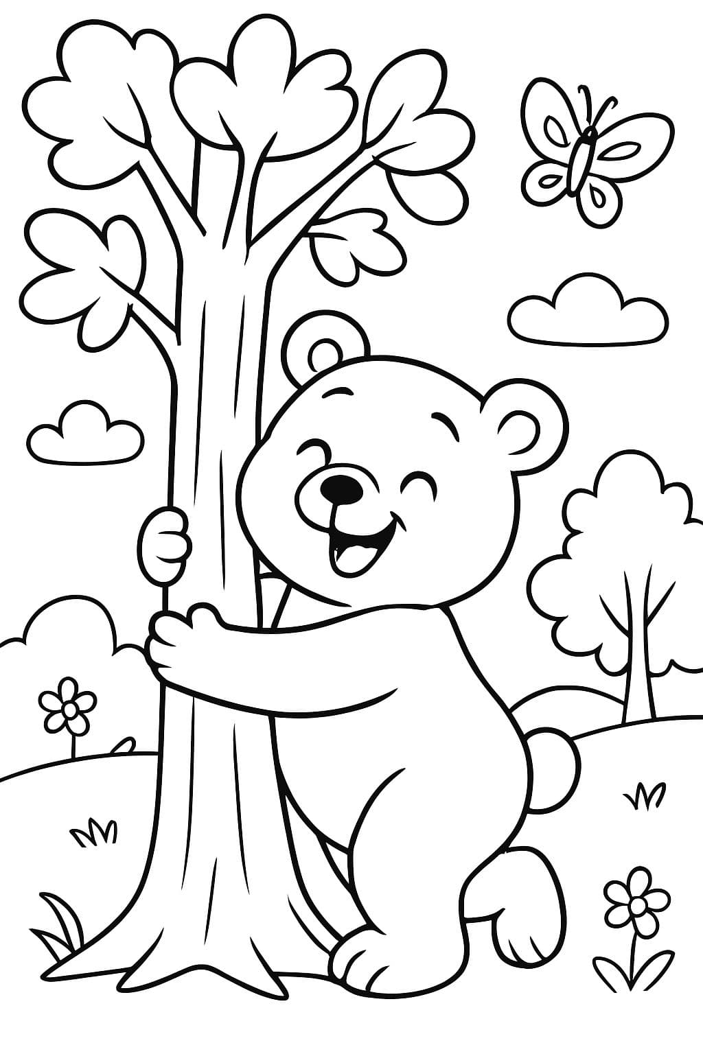 Un ours étreignant fermement un arbre tenant le printemps.
