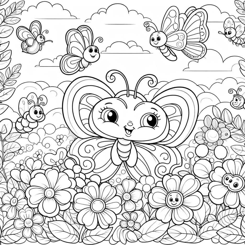 Un papillon et d'autres insectes avec des fleurs en arrière-plan