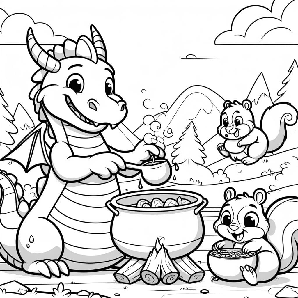 Un dragon préparant le dîner pour une famille d'écureuils.
