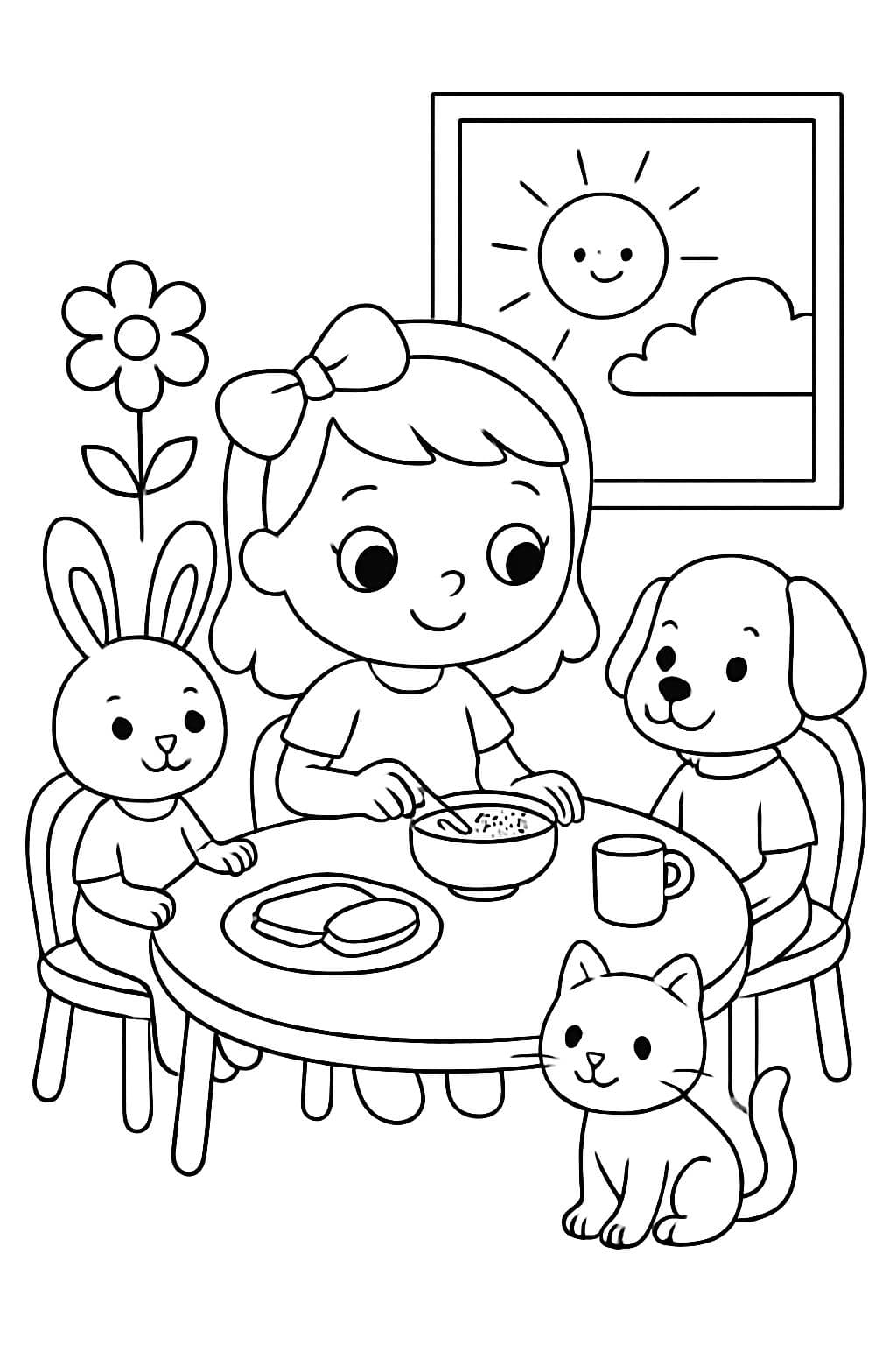 Doll with a bow in her hair having breakfast with a bunny wearing a shirt and pants with a dog and a cat.