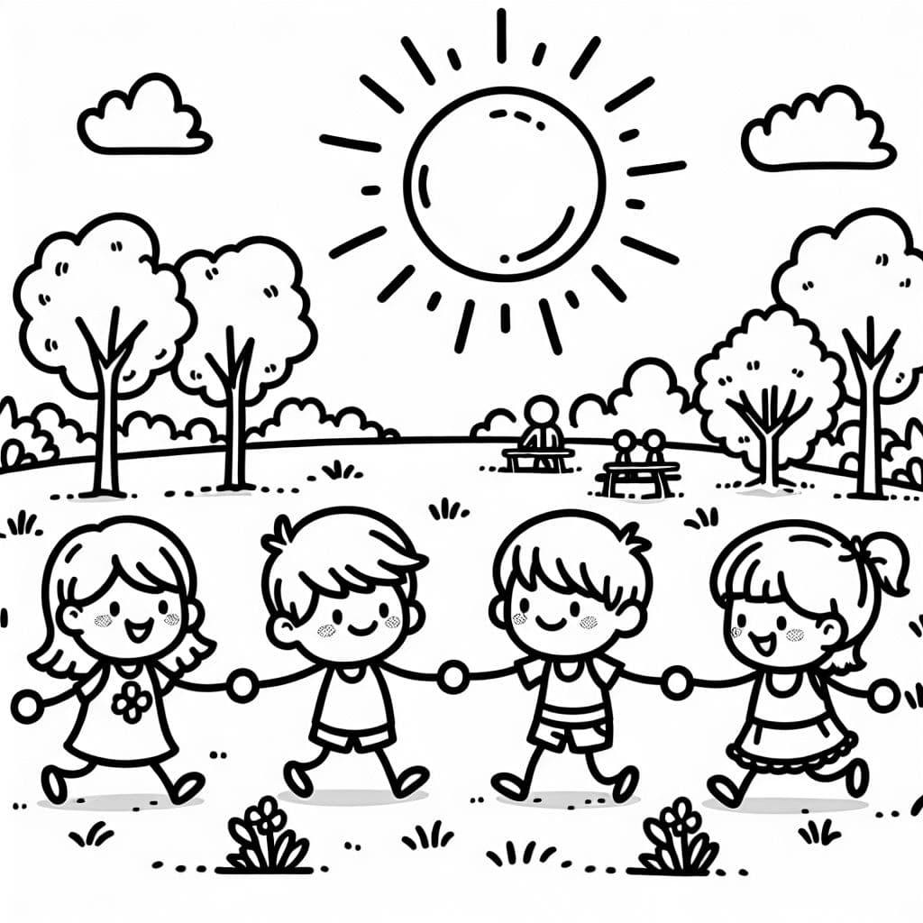 5 stick people children holding hands and playing outside under the sun
