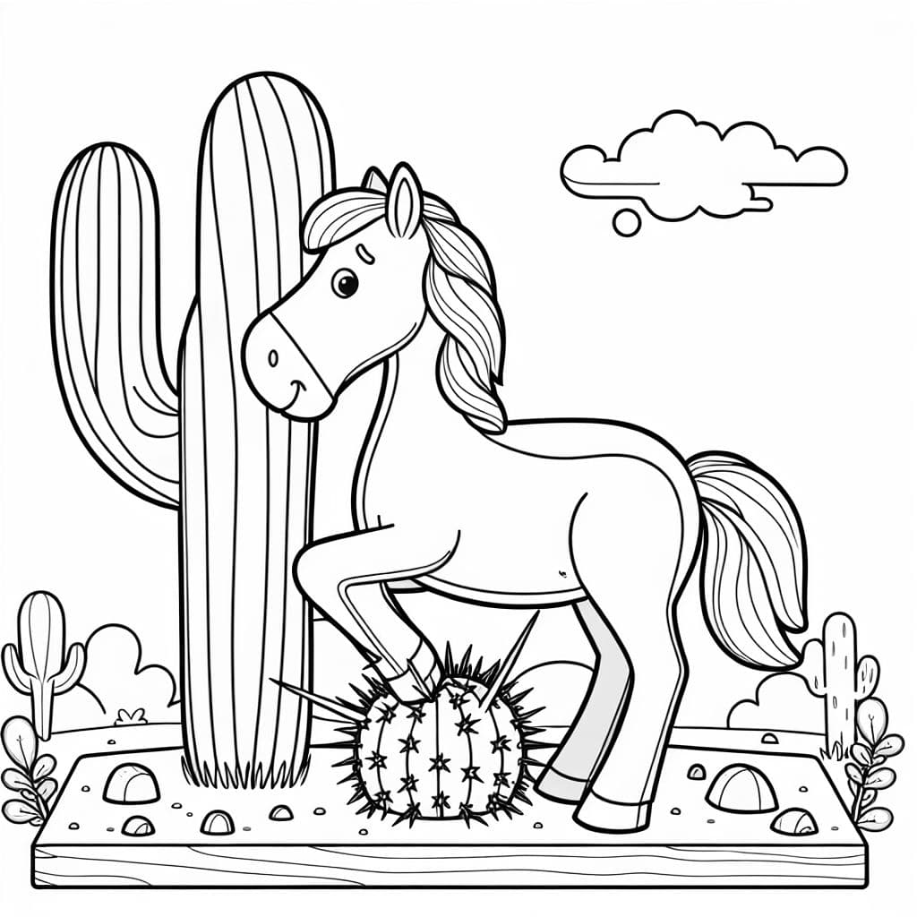 Un caballo divertido que se pinchó en un cactus